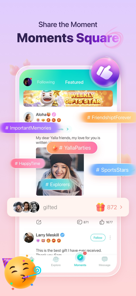 Yalla app Moments Square feature showing social posts with hashtags and virtual gifts.