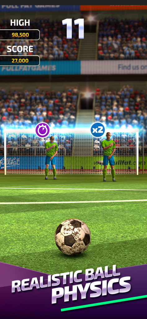 Flick Soccer 25 - A gameplay screenshot of Flick Soccer 25 showing a soccer ball on a pitch with two defenders in front of a goal.