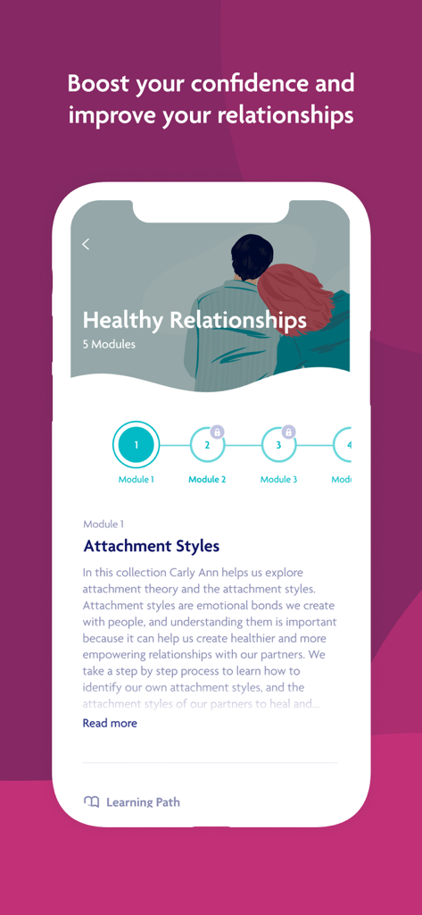 Emjoy - Female wellcare - Captura de pantalla de la aplicación Emjoy que muestra la ruta de aprendizaje de Relaciones Saludables y el módulo de Estilos de Apego.