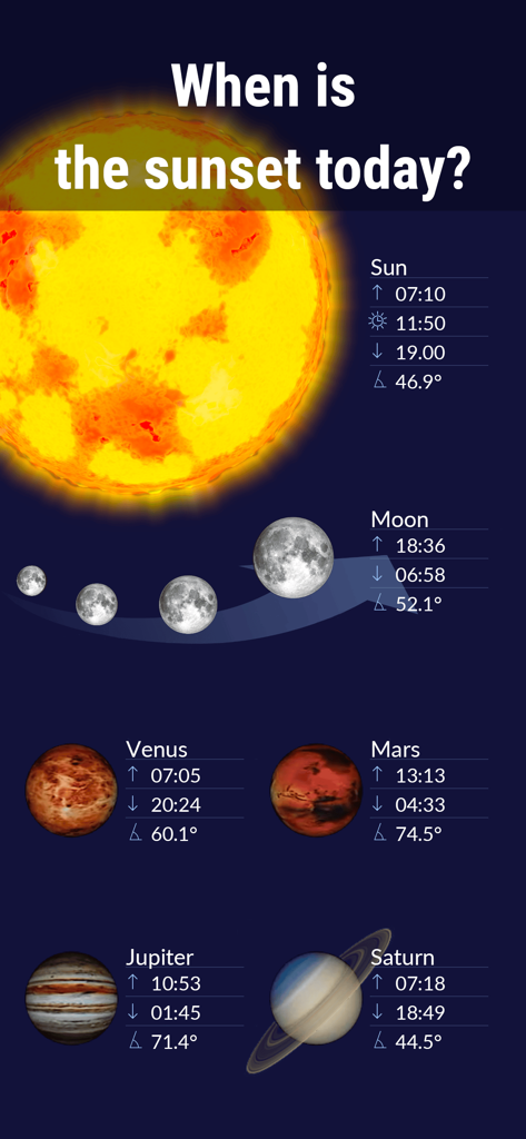 Astronomy app interface showing sunrise sunset and planetary rise and set times