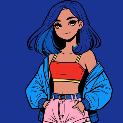 a realistic girl with a crop top and short shorts in an open jacket