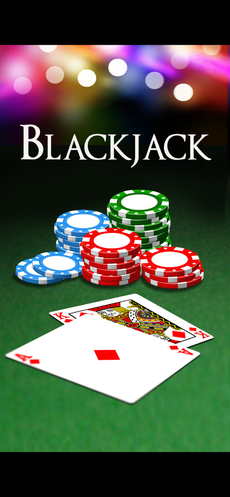 Blackjack mobile game title screen with stacks of colorful casino chips and playing cards on a green felt table