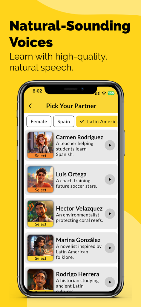 Amigo Lingo: Speak Spanish - Pantalla de selección que muestra varios tutores de español de IA con voces de sonido natural y diferentes perfiles profesionales.