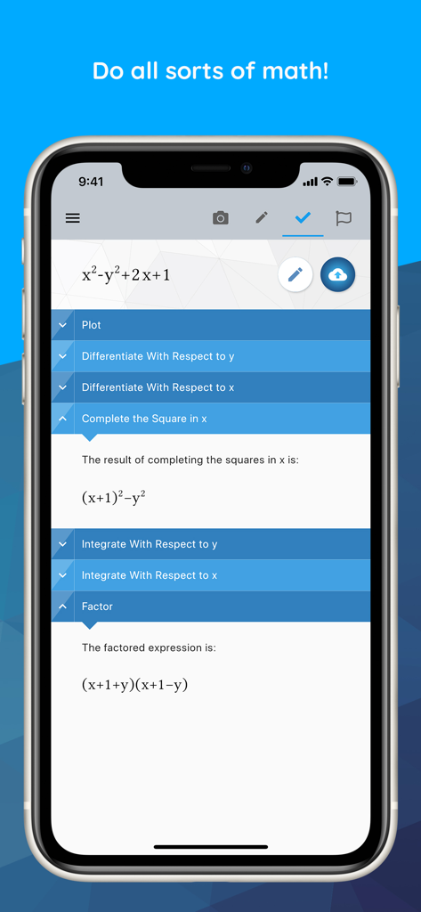 Maple Calculator: Math Solver - Maple Calculator app interface showing step by step math problem solving and factoring for an algebra equation