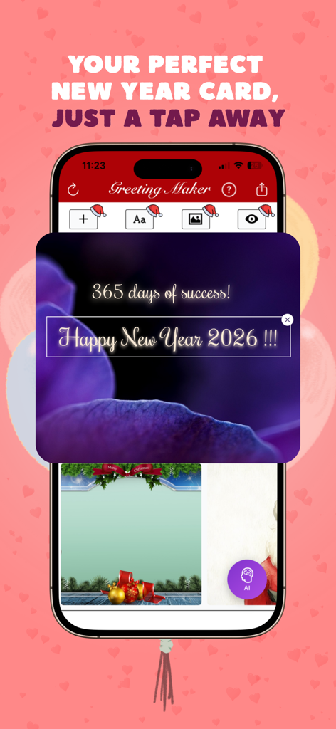 Greeting Card Maker & Invite - Interface of Greeting Card Maker app showing a New Year card design on an iPhone