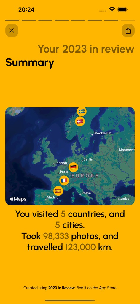 Travel summary screen showing a map of Europe and yearly trip statistics