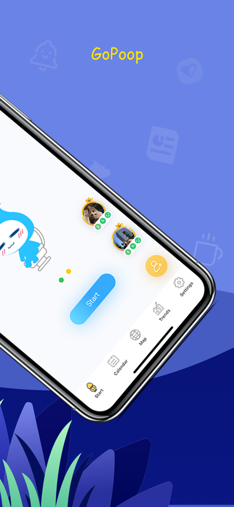 GoPoop - GoPoop app home screen showing the start tracking button and cute character on a toilet