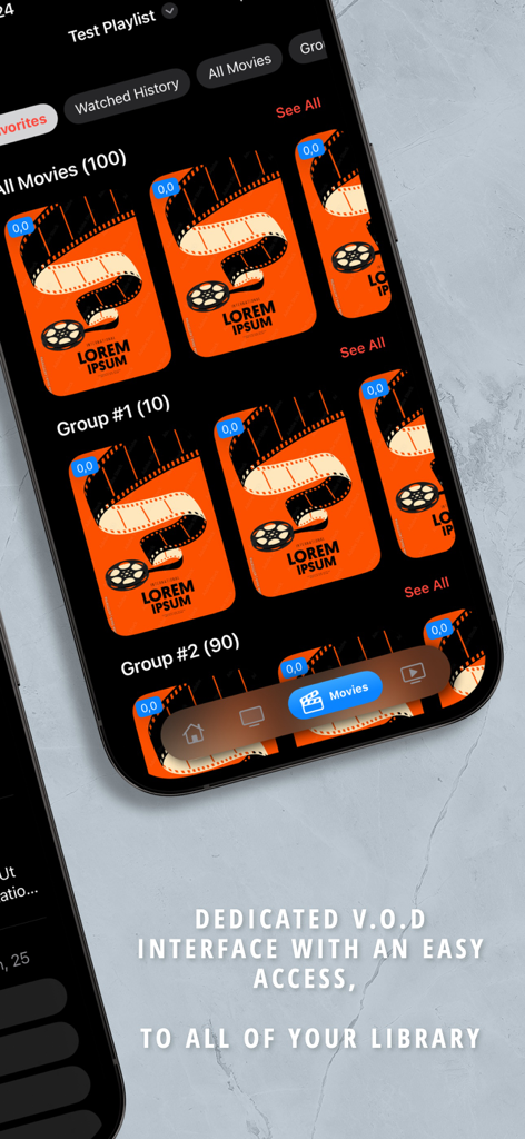 Interface VOD de filmes do aplicativo iMPlayer IPTV exibindo uma biblioteca de filmes com categorias organizadas