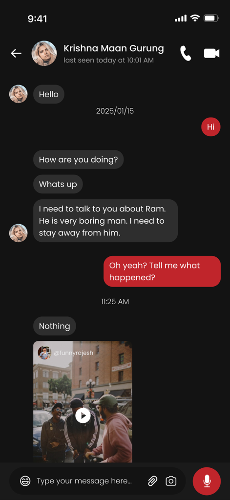 Interface de mensagens privadas no KuKu App mostrando uma sessão de chat e vídeo