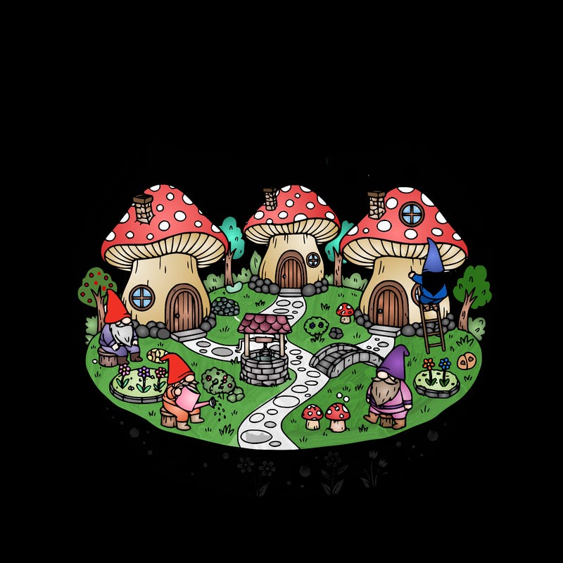 a fish bowl with a lid and a gnome village inside