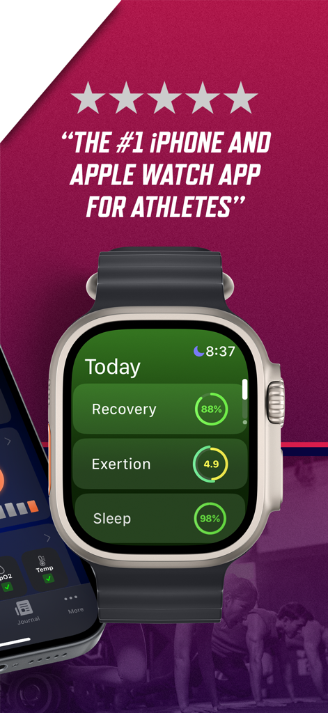 Athlytic app interface on Apple Watch displaying recovery exertion and sleep scores
