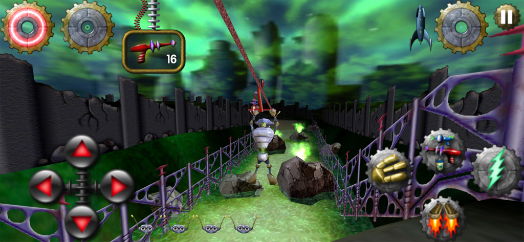 Otto Matic the robot riding a zip-line over a radioactive green river in a 3D alien world