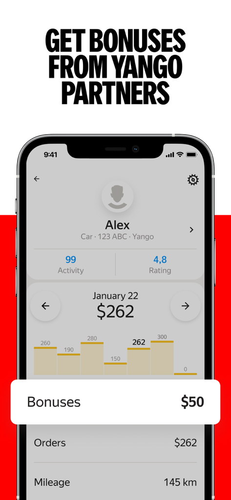 Yango Pro (Taximeter) - driver - Yango Pro Fahrer-App-Dashboard, das tägliche Einnahmen und Bonusbelohnungen anzeigt