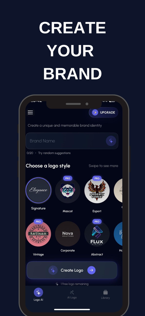 AI Logo & Photo Creator: Logen - Interface of the Logen AI Logo Creator app showing brand name input and various logo style options like mascot and esport