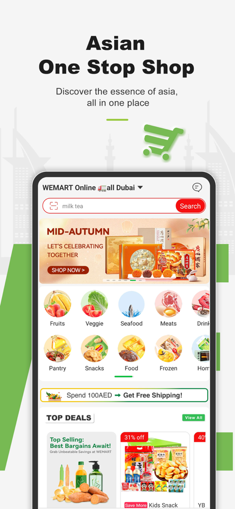 WEMART mobile app home screen featuring Asian grocery categories and delivery offers