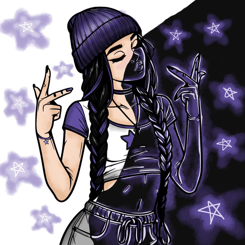 realistic teenage girl with braids and a beanie and crop top doing 🫶🏼