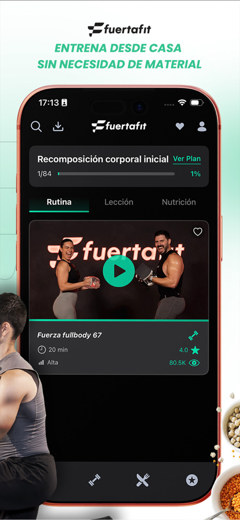 Fuertafit app interface displaying a full body strength workout routine for home training