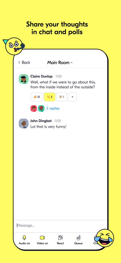 Butter: Virtual workshop tool - Mobile chat interface of the Butter app showing participant messages with emoji reactions and engagement tools