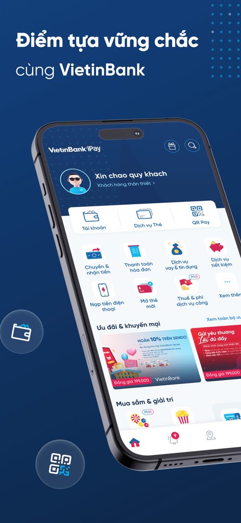 VietinBank iPay - VietinBank iPay mobile banking app interface with financial services and lifestyle features