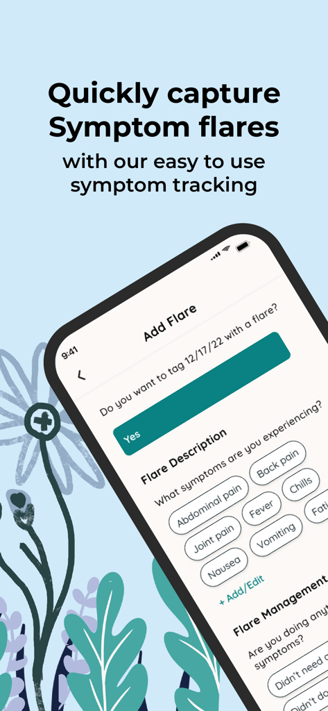 Folia Health - Folia Healthアプリのインターフェース。関節痛や疲労などの症状フレアを追跡するオプションが表示されます。