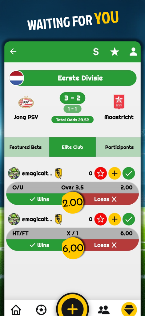 BetSocial: Discover Winning - BetSocialアプリの画面。エールディビジの試合に対する勝利したフットボールのヒントとオッズを表示。