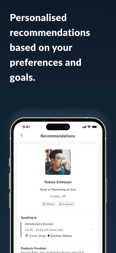 Techarena - Techarenaアプリのインターフェースに、パーソナライズされたネットワーキングの推奨事項が表示されたプロフェッショナルなプロフィールが表示されています