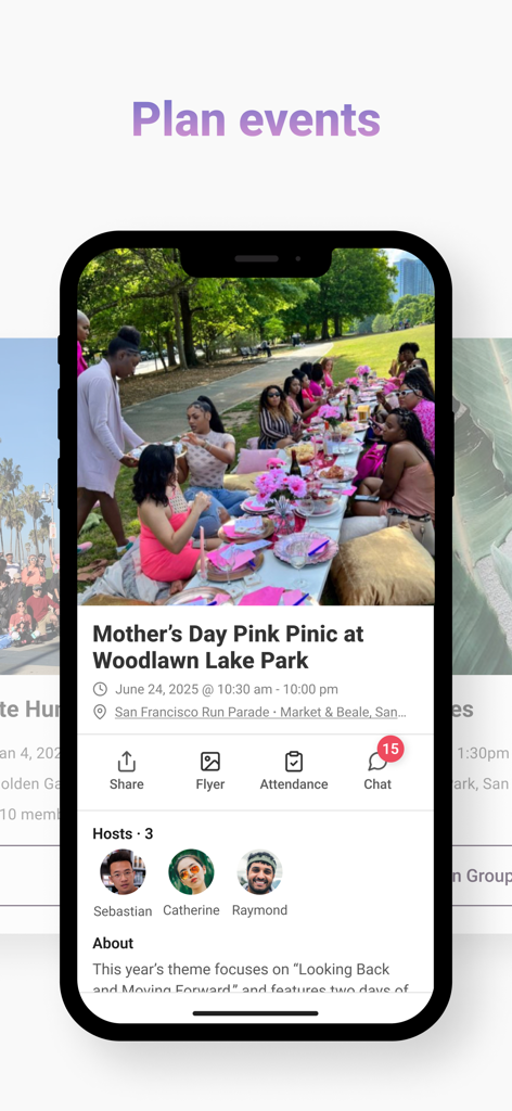 Heylo | Build community groups - Interface de l'application mobile Heylo montrant les détails d'un événement de pique-nique communautaire avec des fonctionnalités de discussion et de présence