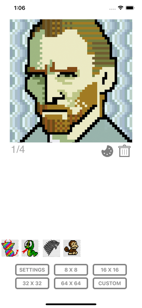 Pixel Art - draw with dots - Benutzeroberfläche der Pixel-Art-App mit einer Porträtzeichnung und Schaltflächen zur Auswahl der Rastergröße