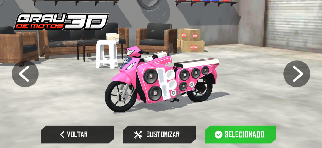 Grau de Motos 3D - Motocicleta personalizada rosa con altavoces grandes en un menú de garaje