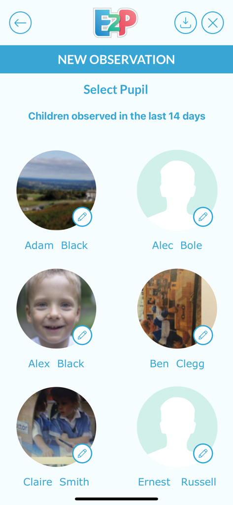 E2P SEND app interface for selecting a student to begin a new educational observation
