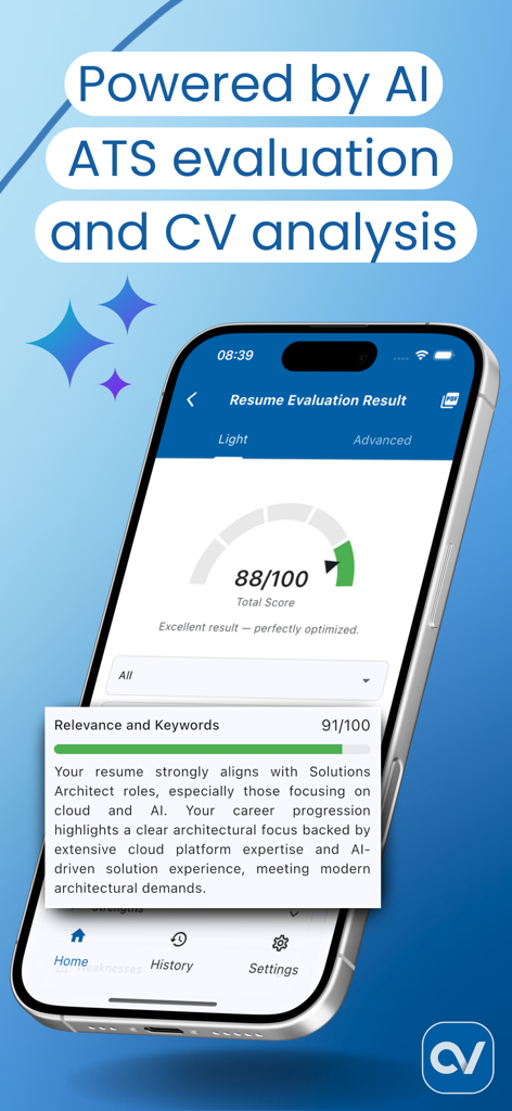 Intelligent CV & Cover Letter - Aplicativo Intelligent CV mostrando a pontuação de avaliação do currículo e análise de palavras-chave do ATS