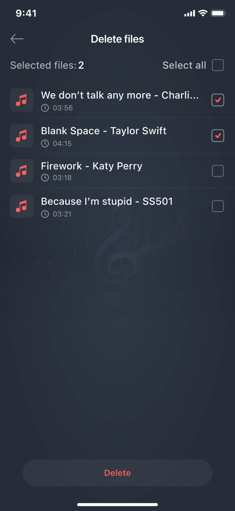 Interface of the Mp3 Cutter app showing a list of audio files with checkboxes to select and delete music