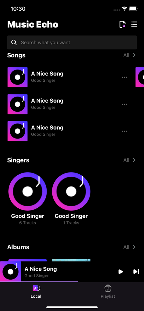 Music Echo-Offline Music - User interface of the Music Echo offline music app displaying lists of songs and artists in dark mode
