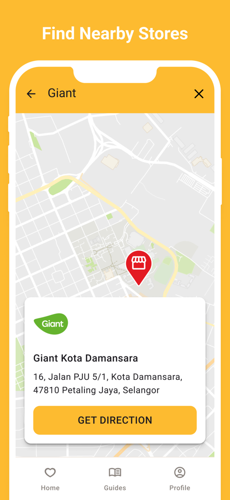 MyKasih - MyKasih app interface showing a map with a nearby store location and address