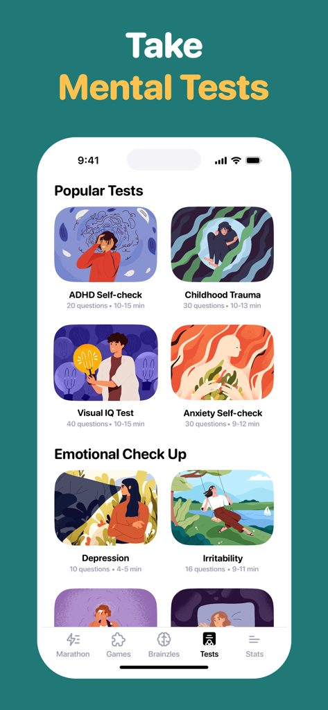 BrainGain - Brain Training - Interface de l'application BrainGain affichant un menu de tests de santé mentale et de personnalité comme le dépistage TDAH et le dépistage d'anxiété.