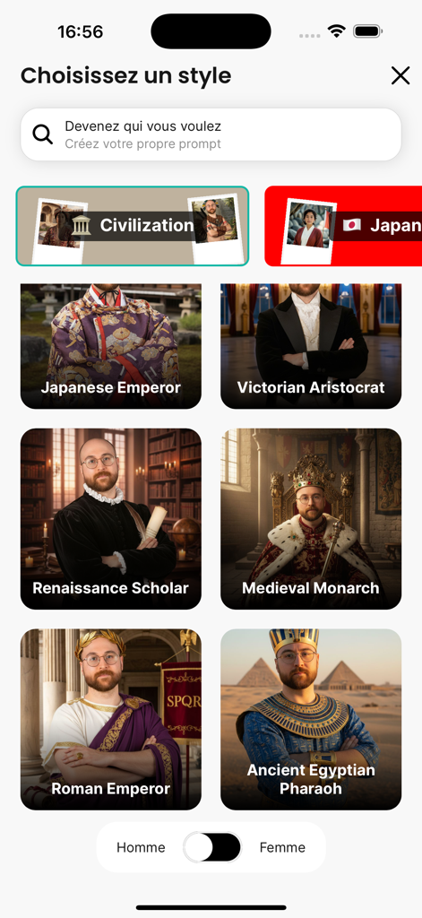 Photobooth AI - Interfaz que muestra estilos de disfraces de IA como Emperador Romano y Monarca Medieval para la transformación de fotos