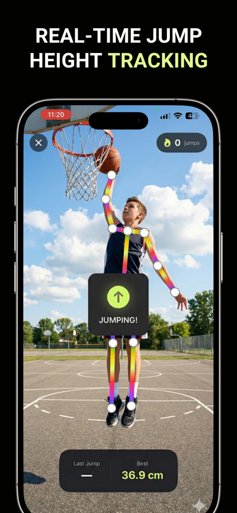 Jump Higher AI – Jump Tracker - Teléfono inteligente mostrando el seguimiento del salto vertical en tiempo real en la aplicación Jump Higher AI