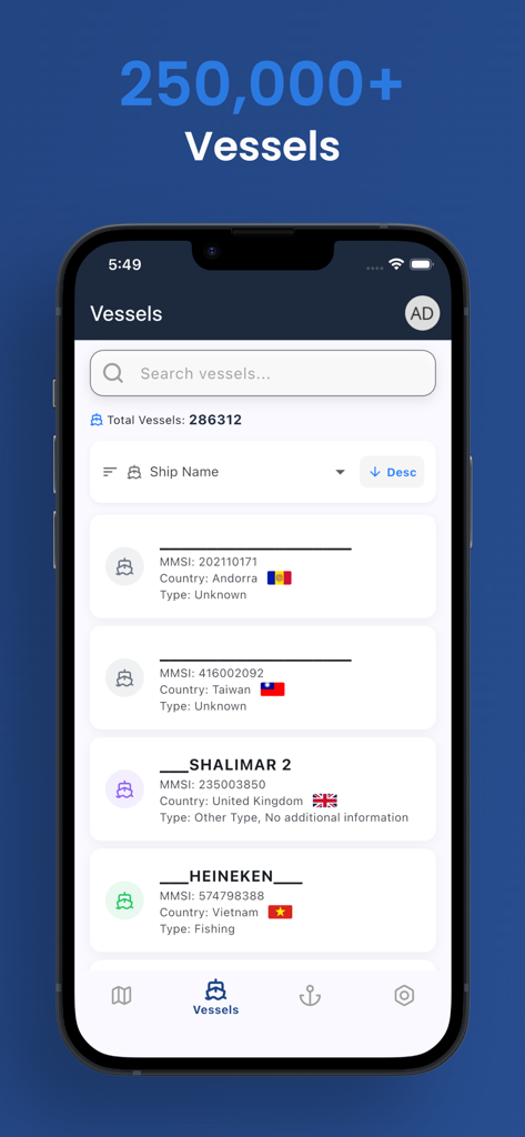 Voyage Radar: AIS Ship Tracker - L'app Voyage Radar mostra un elenco ricercabile di oltre 250.000 navi con dati AIS e bandiere dei paesi.