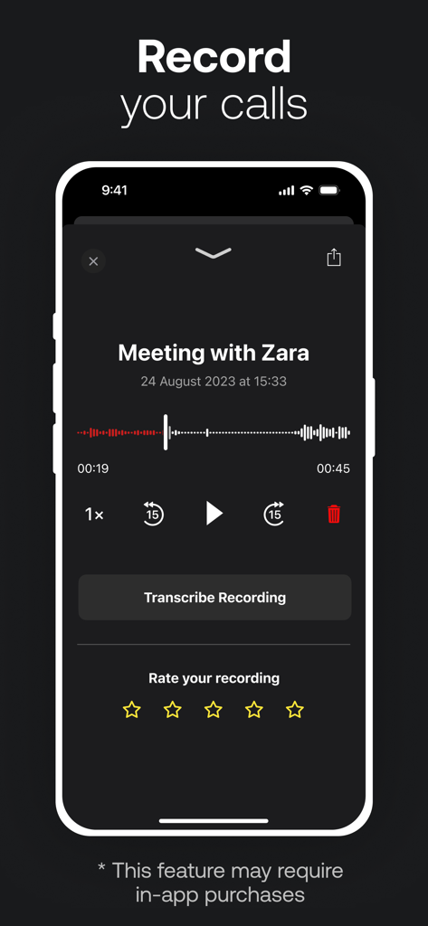 TapeACall app recording playback screen with transcription button