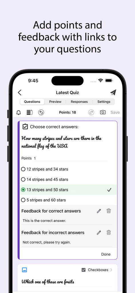 Form for Google Forms - Interface of a mobile app for editing Google Forms quizzes showing points and feedback options
