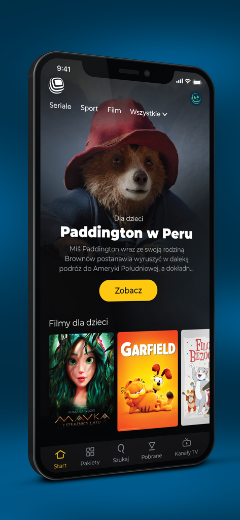 Polsat Box Go - 폴란드어로 된 어린이 영화를 표시하는 Polsat Box Go 모바일 앱 인터페이스