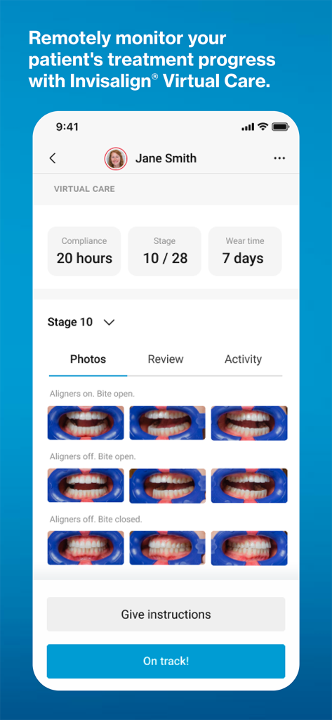 Invisalign Practice App - Pantalla de Atención Virtual de la App de Práctica Invisalign que muestra el progreso del tratamiento del paciente y fotos de monitorización dental.