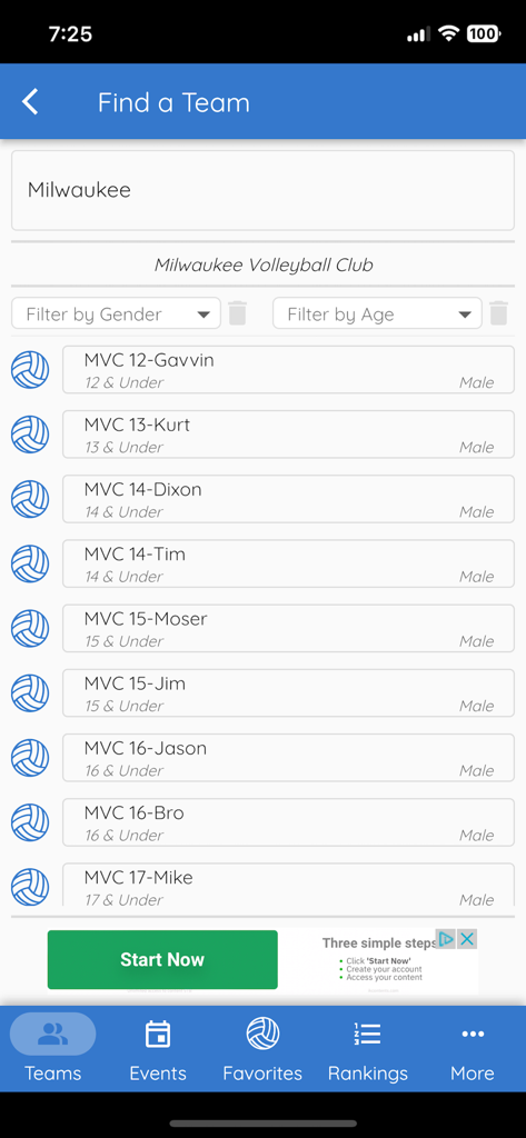 Volleyball Hub - A search interface in the Volleyball Hub app showing a list of Milwaukee Volleyball Club teams with age and gender filters.