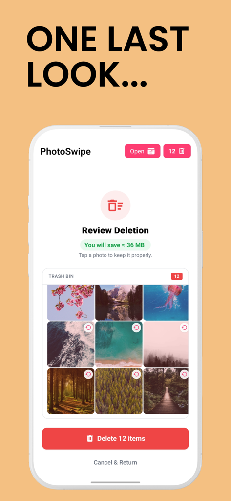 Photo Cleaner Pro: PhotoSwipe - Mobile app screenshot of PhotoSwipe showing the review deletion screen with a grid of 12 images in the trash bin and a delete button to save storage space.