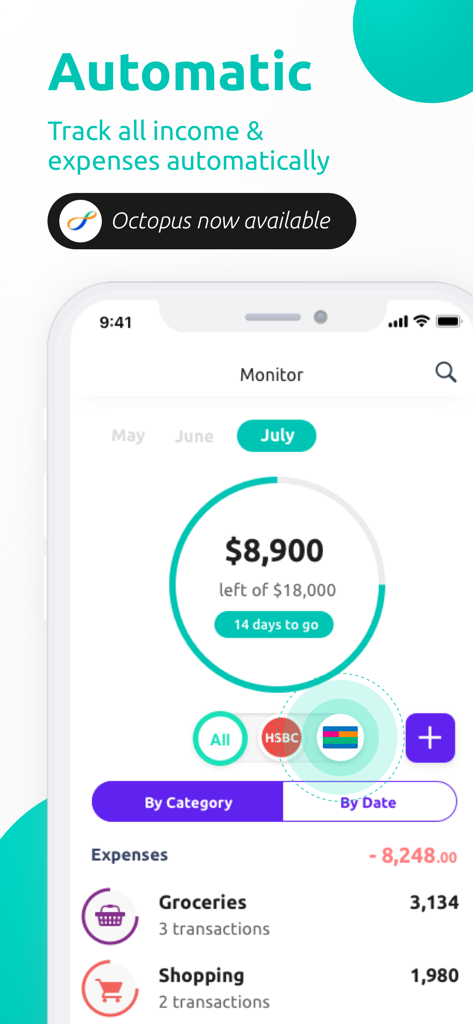 Planto - HK #1 Money Tracker - Painel do aplicativo móvel Planto para monitoramento automático de orçamento e despesas