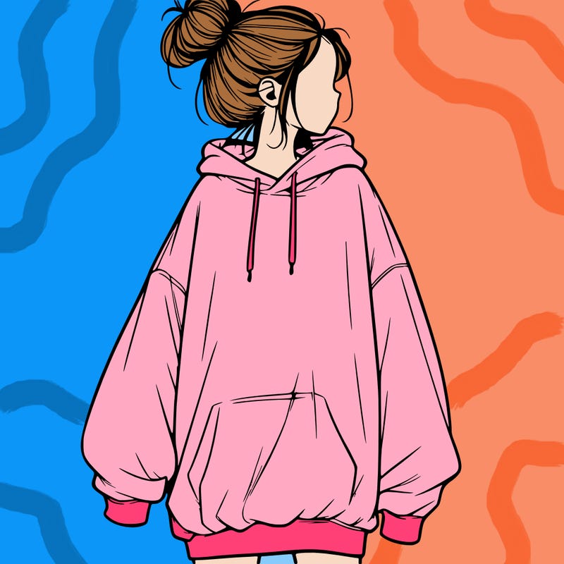 realistic girl with a oversized sweatshirt on and a bun