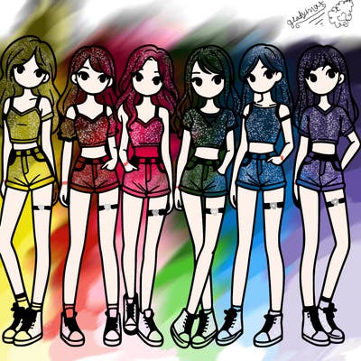 a group of girls wearing crop tops and shorts