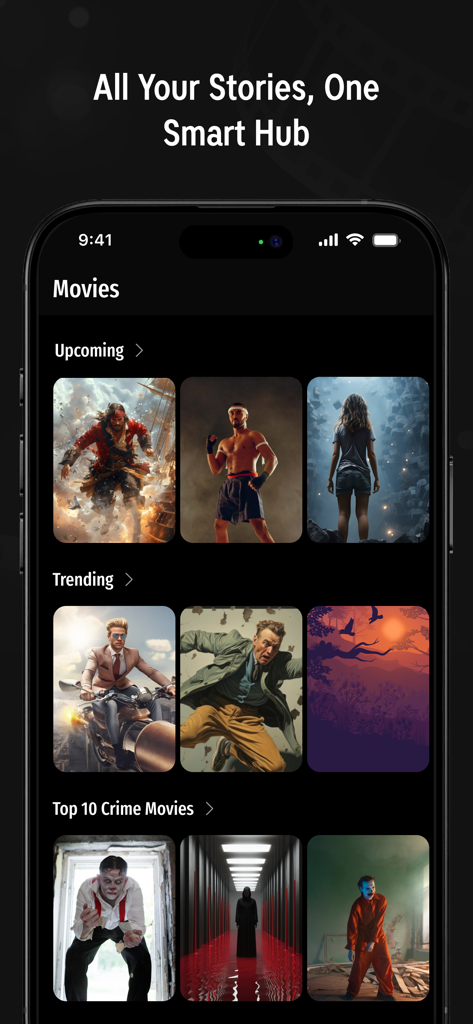 Movies Hub : Movies & TV Shows - Movies Hub app interface showing curated movie categories like Upcoming Trending and Top 10 Crime Movies with artistic posters.