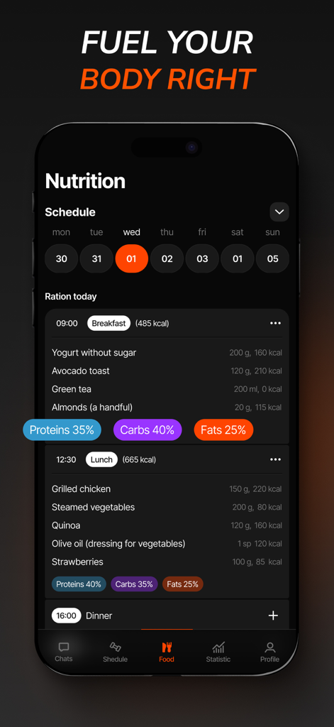 ChAthlete・AI Fitness Coach App - L'interfaccia dell'app ChAthlete AI Fitness Coach mostra una dashboard nutrizionale con un registro alimentare giornaliero e percentuali di macronutrienti