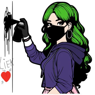 realistic girl with mask spray painting a wall